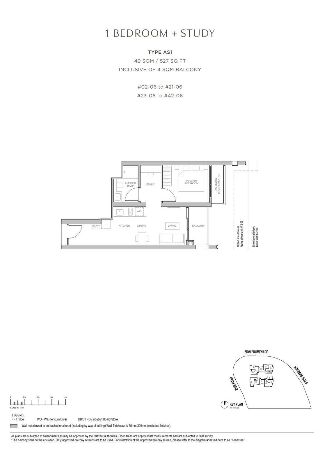Promenade Peak 1 Bedroom + Study floor plan Type AS1, 527 sqft