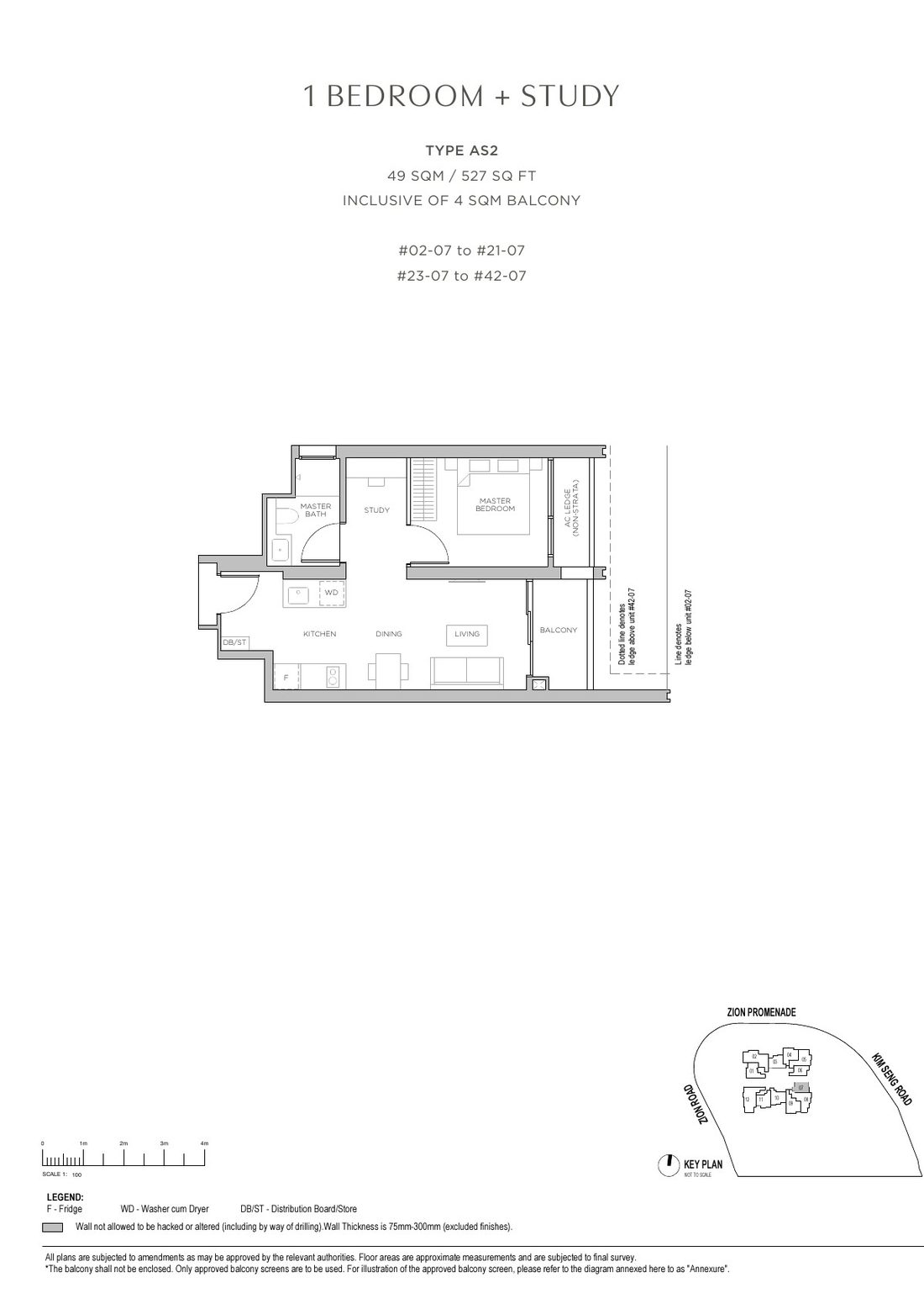 Promenade Peak 1 Bedroom + Study floor plan Type AS2, 527 sqft