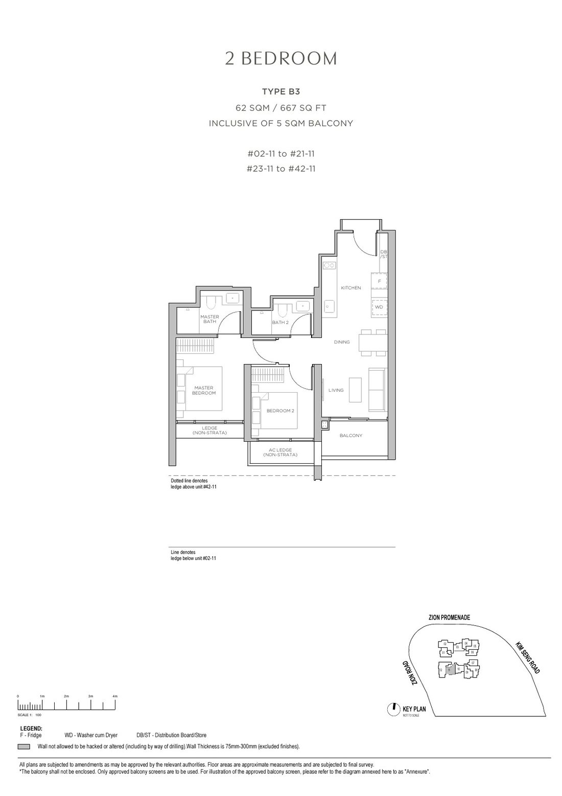 Promenade Peak 2 Bedroom floor plan Type B3, 667 sqft