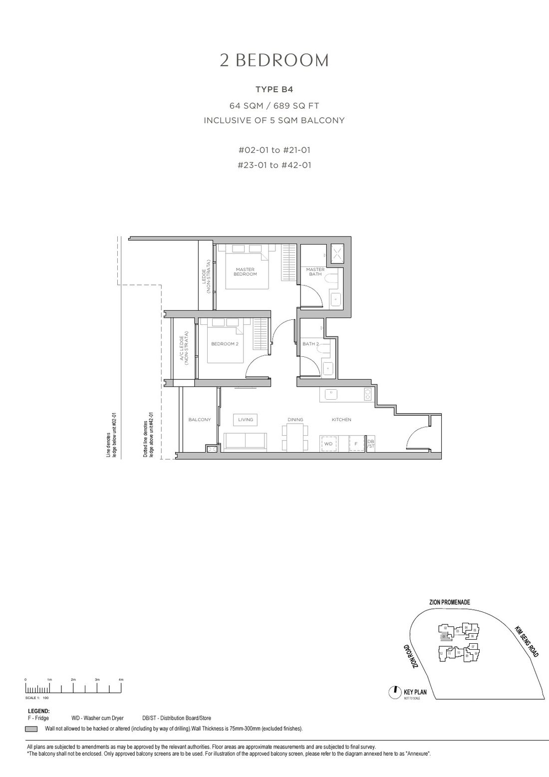 Promenade Peak 2 Bedroom floor plan Type B4, 689 sqft