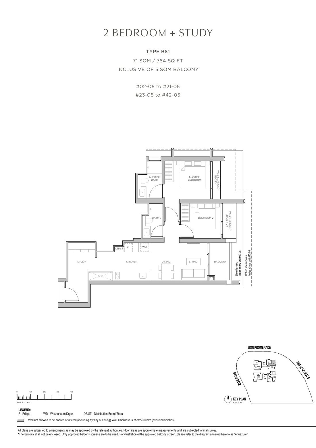 Promenade Peak 2 Bedroom + Study floor plan Type BS1, 764 sqft