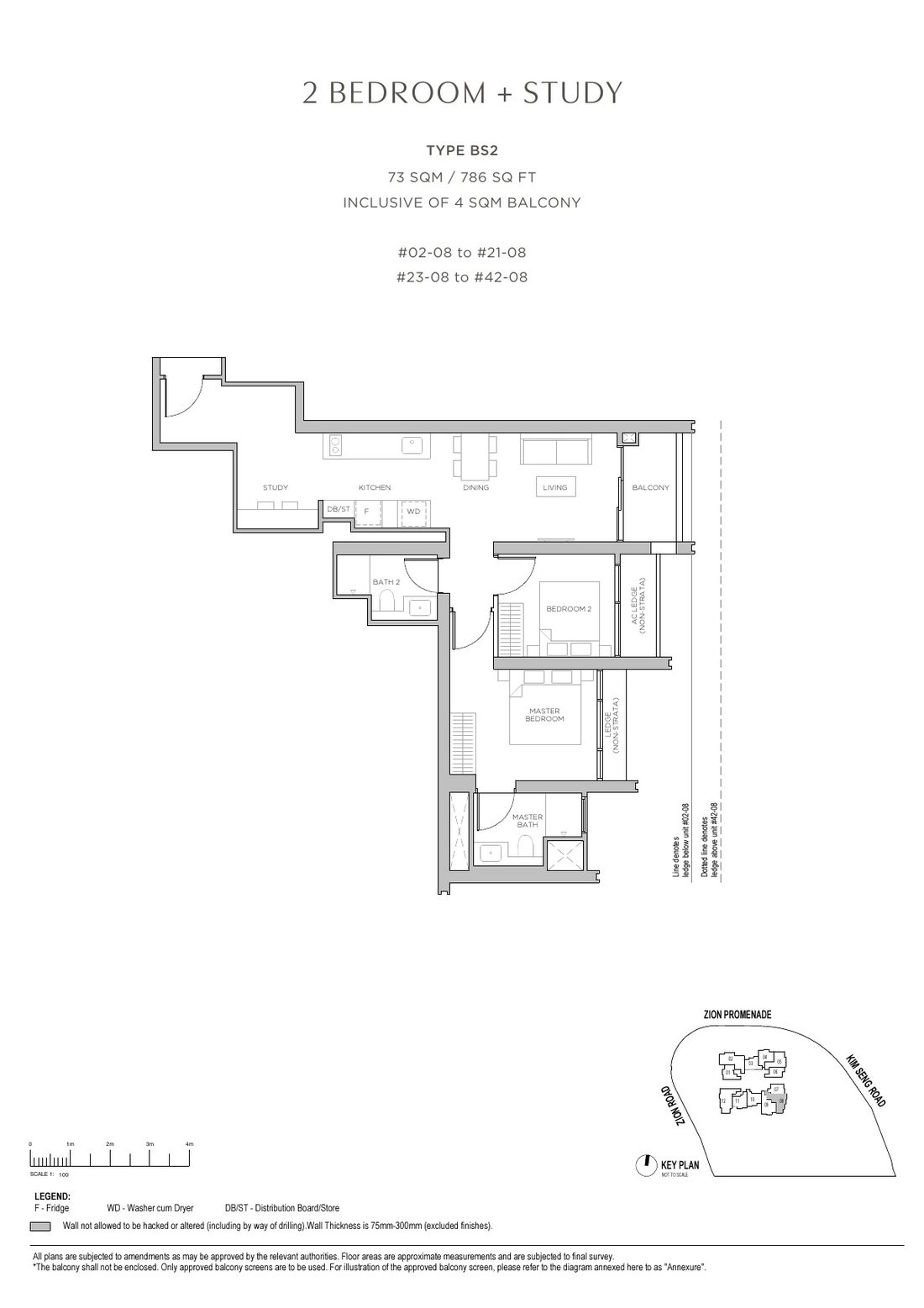 Promenade Peak 2 Bedroom + Study floor plan Type BS2, 786 sqft
