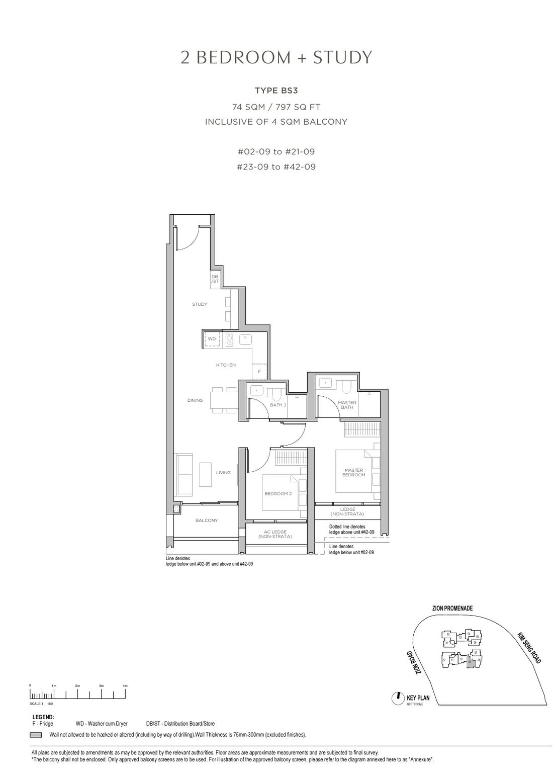 Promenade Peak 2 Bedroom + Study floor plan Type BS3, 797 sqft