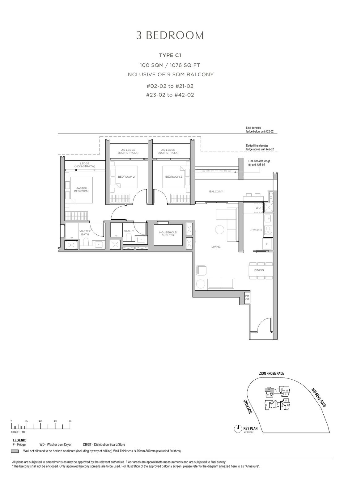 Promenade Peak 3 Bedroom floor plan Type C1, 1076 sqft