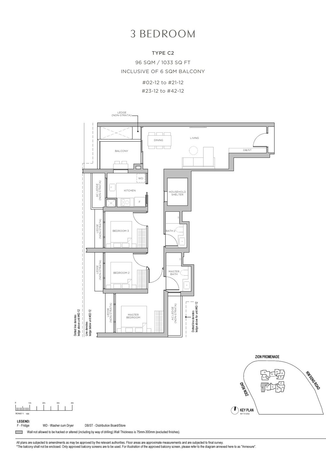 Promenade Peak 3 Bedroom floor plan Type C2, 1033 sqft