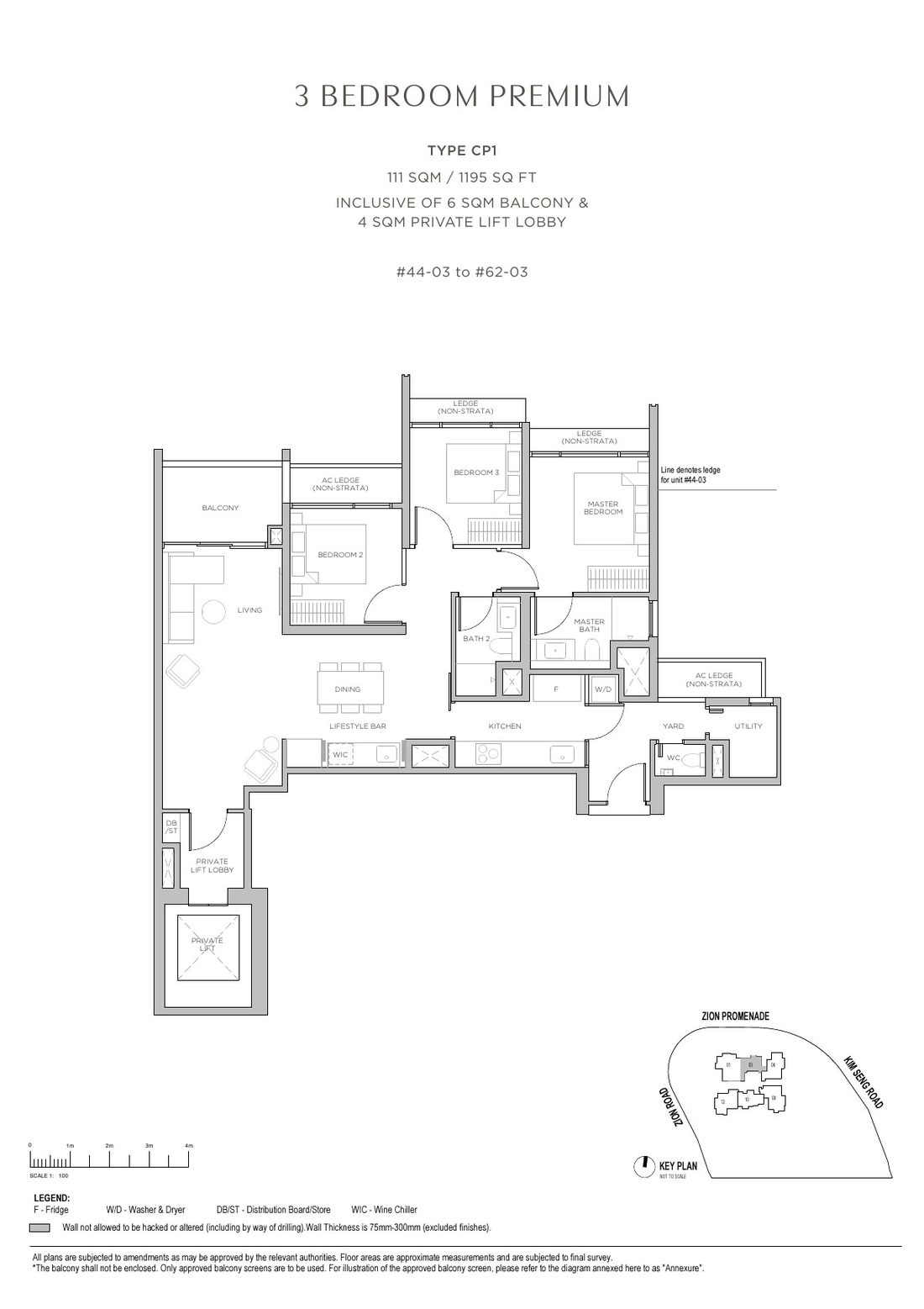 Promenade Peak 3 Bedroom Premium floor plan Type CP1, 1195 sqft with private lift